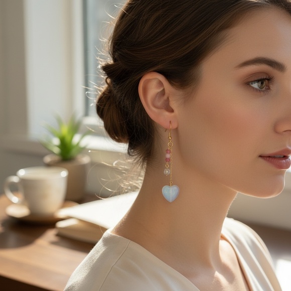 Elegant Pink Heart Dangle Gemstone Earrings - Picture 2 of 2